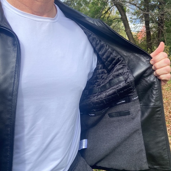 Calvin Klein Black Leather Jacket Fleece & Quilted Lining Men's Size M - Picture 5 of 15